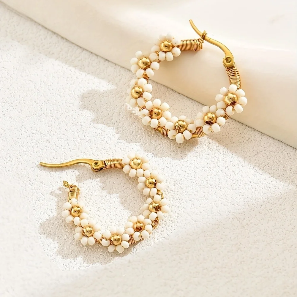 Boho Stainless Steel Beaded Flower Hoop Earrings